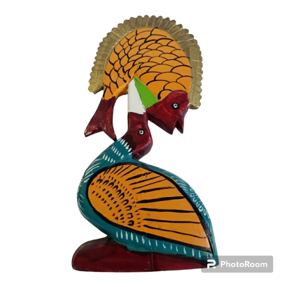 Wood Carved Brightly Colored Handpainted Bird with Fish